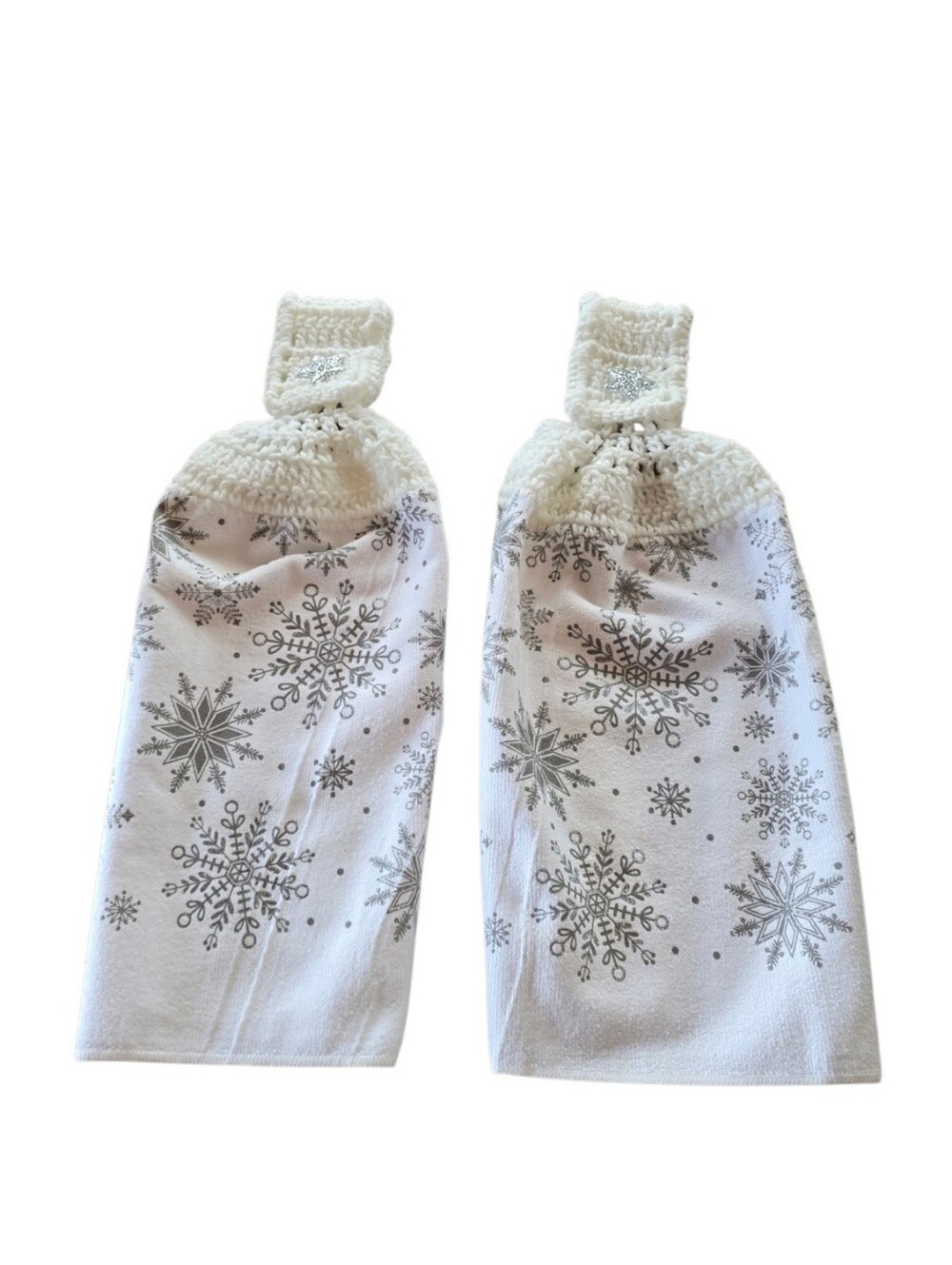 Snowflake White Silver Dish Towels Customized Crochet Accent Set Of 2